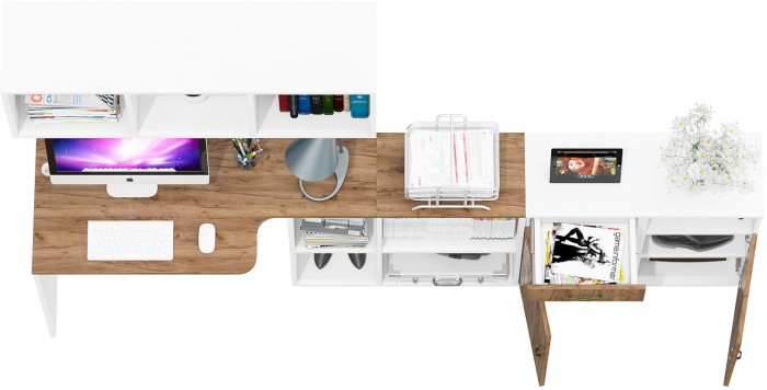 Лидер-8 Стол + Полка + Тумба МД 3.15 + Тумба МД 3.19, белый шагрень/крафт золото