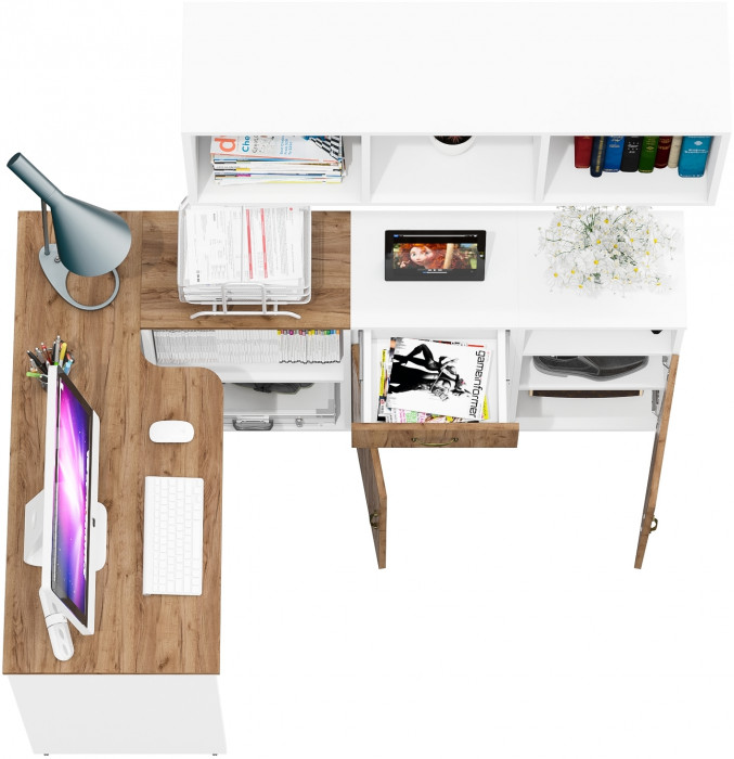 Лидер-8 Стол + Полка + Тумба МД 3.15 + Тумба МД 3.19, белый шагрень/крафт золото