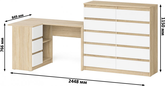 Мори компьютерный стол МС-16 левый + Комод МК1200.10, дуб сонома/белый