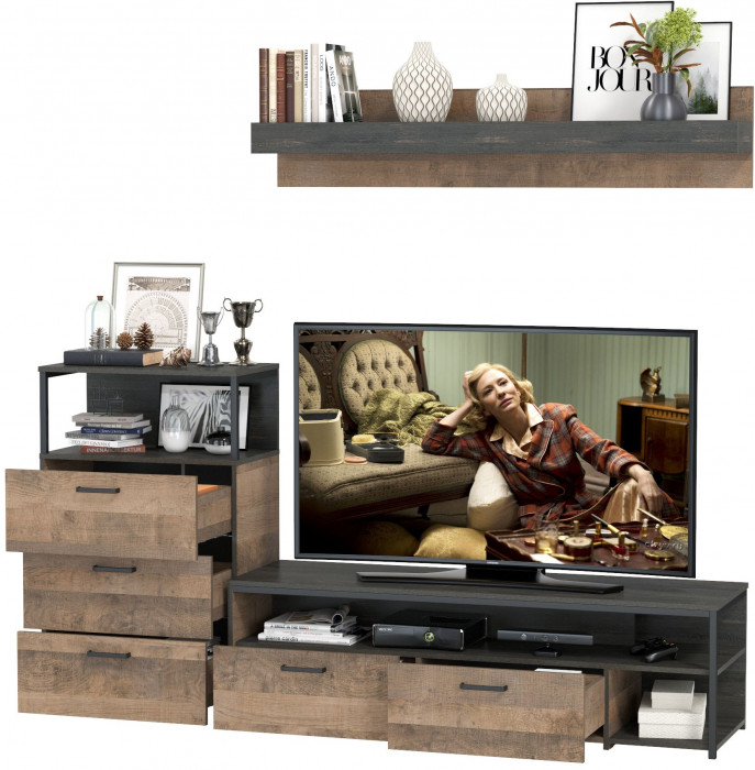 Трувор 13.70 Тумба под ТВ + 13.307.02 Комод с ящиками + 15.60 Полка, цвет дуб гранж песочный/интра, ШхГхВ 215,8х45,4х195 см., универсальная сборка