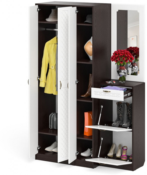 Прихожая П-6 Компоновка № 49, цвет венге/фасады МДФ белое дерево фрезеровка ромб, ШхГхВ 140х50х210 см., универсальная сборка
