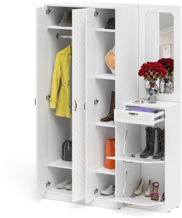 Прихожая П-6 Компоновка № 49, белая шагрень/фасады МДФ белое дерево фрезеровка ромб