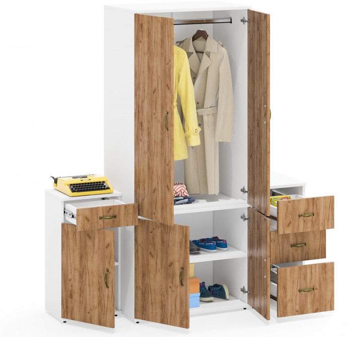 Лидер-8 Шкаф МД 19Б + Тумба МД 3.15 + Тумба МД 3.16, белый шагрень/крафт золото