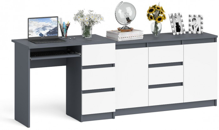 Мори Стол компьютерный МС-6 правый + Комод МК1200.3, цвет графит/белый, ШхГхВ 210,4х50х76,6 см., выдвижные ящики справа, НЕ универсальная сборка