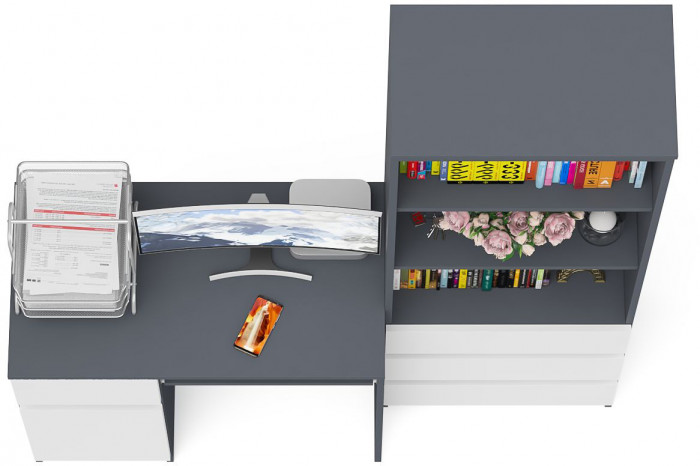 Мори компьютерный стол МС-1 левый + Стеллаж МСТ600.3, графит/белый