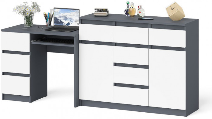 Мори Стол компьютерный МС-6 левый + Комод МК1200.4, цвет графит/белый, ШхГхВ 210,4х50х94 см., выдвижные ящики слева, НЕ универсальная сборка
