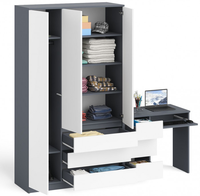 Мори Стол компьютерный МС-6 левый + Шкаф МШ1200.1, цвет графит/белый, ШхГхВ 210,4х50,4х209,6 см., выдвижные ящики слева, НЕ универсальная сборка
