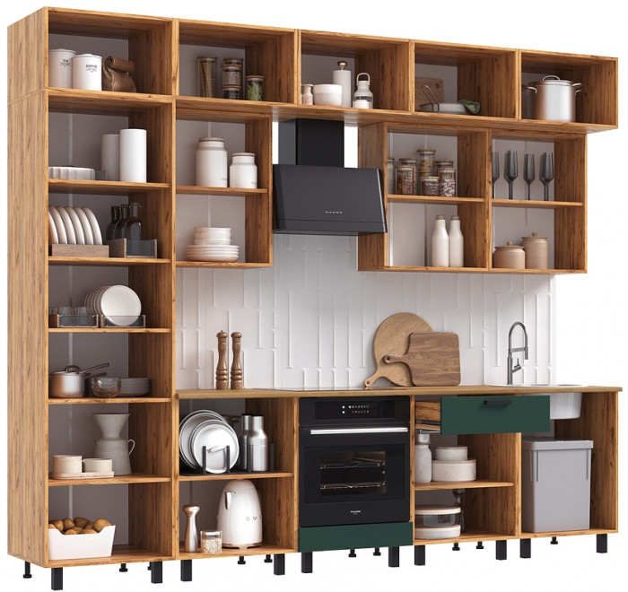 Кухня Техно 3,0/1080м Компоновка №2, Крафт золотой/Браш мени грин