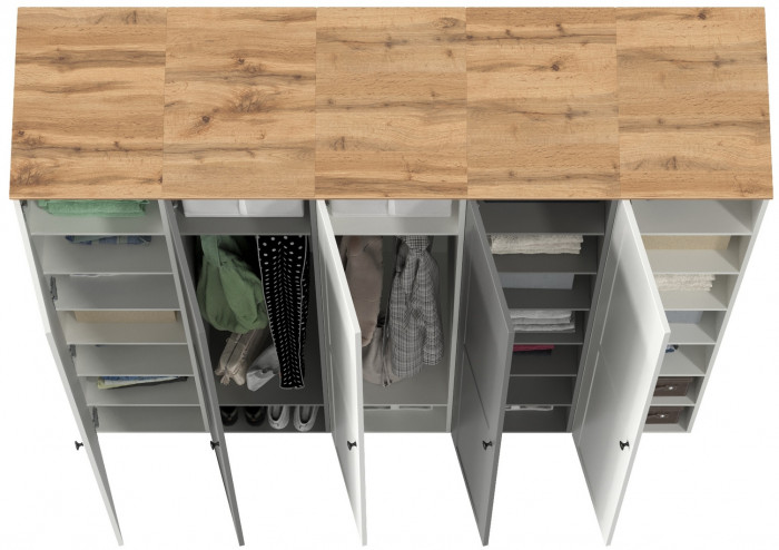 Остин 13.225 Шкаф-пенал 5 шт., цвет белый шагрень/серый графит/дуб крафт золотой, ШхГхВ 200х54,3х229,6 см., универсальная сборка