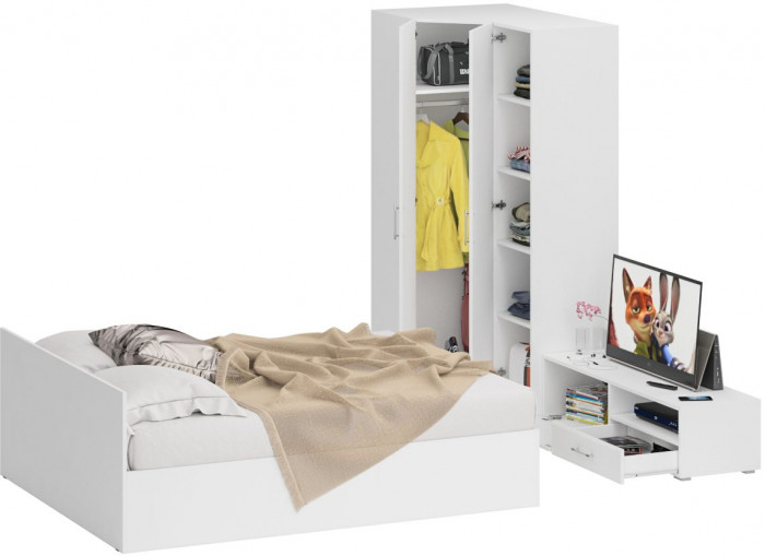 Спальня Стандарт 4-1600, белый/фасады ТВ тумбы МДФ белый глянец