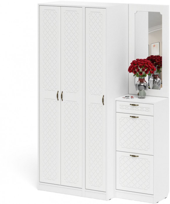 Прихожая П-6 Компоновка № 49, цвет белая шагрень/фасады МДФ белое дерево фрезеровка ромб, ШхГхВ 140х50х210 см., универсальная сборка