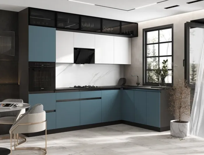 Кухня Техно-6 3,0х1,8м Браш Блю/Браш Вайт, Графит