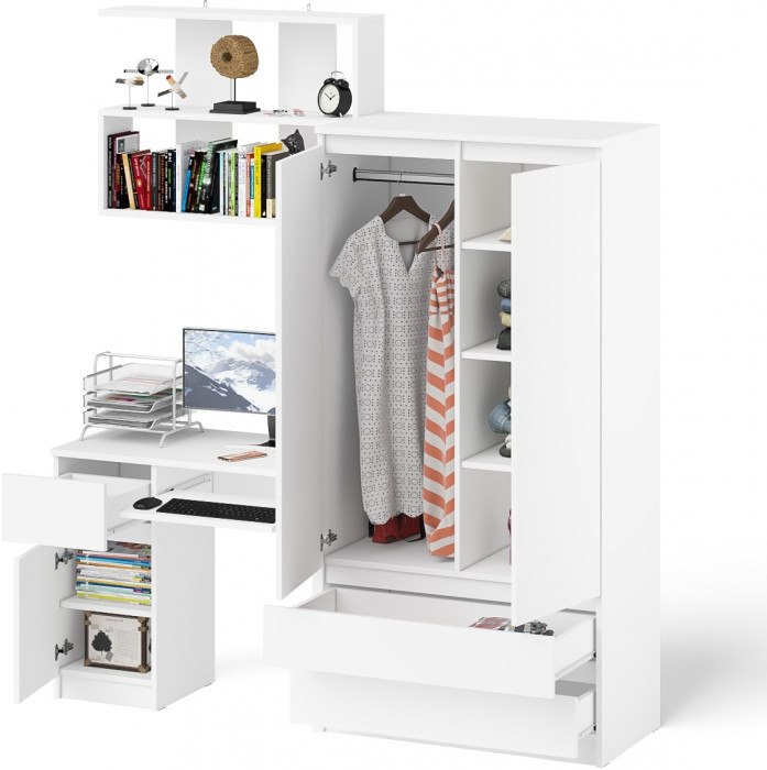 Мори Стол компьютерный МС-1 левый + Шкаф МШ900.1 + Полка 900, цвет белый, ШхГхВ 180,4х50,4х209,6 см., НЕ универсальная сборка