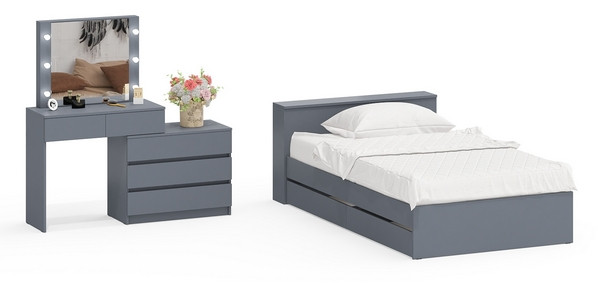 Ксения Кровать с ящиками 1200 + Стол косметический с подсветкой 110, графит