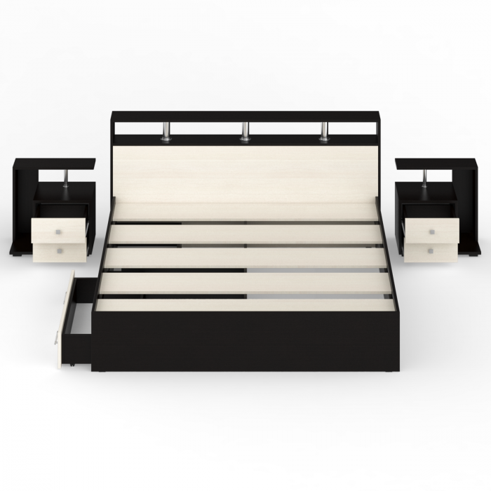 Камелия Кровать с ящиками 1800 + две тумбы, цвет венге/дуб лоредо, ШхГхВ 296х217х78,2 см., сп.м. 1800х2000 мм., без матраса, основание есть