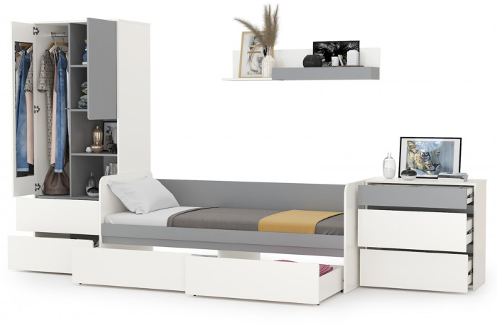 Торонто Компоновка № 19, цвет белый шагрень/стальной серый, ШхГхВ 354х84,4х195,7 см., сп. м. 800х1900 мм., б/м, основание есть, универсальная сборка