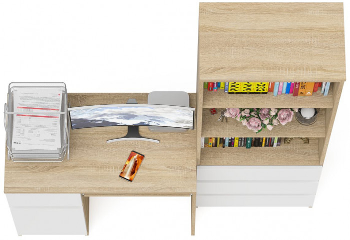 Мори компьютерный стол МС-1 левый + Стеллаж МСТ600.3, дуб сонома/белый