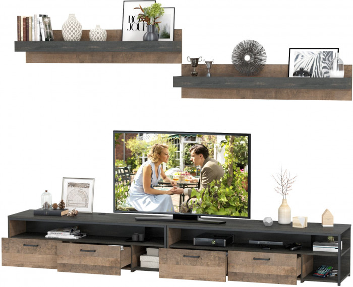 Трувор 13.70 Тумба под ТВ + 13.70 Тумба под ТВ + 15.60 Полка + 15.60 Полка, цвет дуб гранж песочный/интра, ШхГхВ 299,6х45,4х195 см., универс. сборка