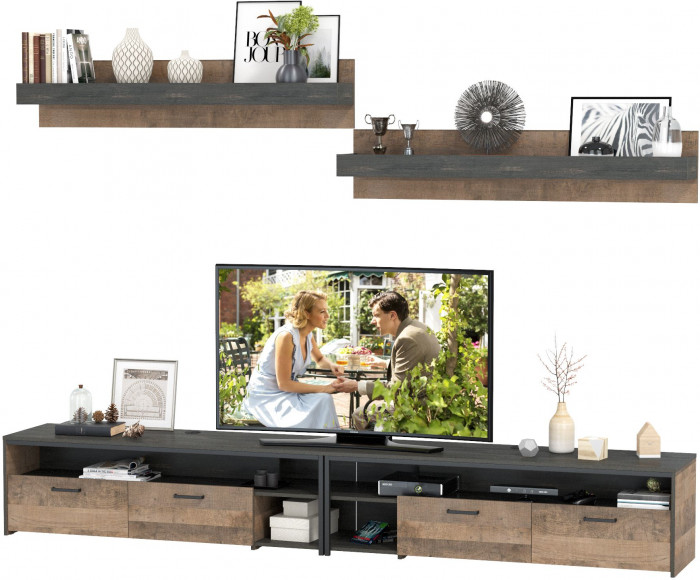 Трувор 13.70 Тумба под ТВ + 13.70 Тумба под ТВ + 15.60 Полка + 15.60 Полка, цвет дуб гранж песочный/интра, ШхГхВ 299,6х45,4х195 см., универс. сборка