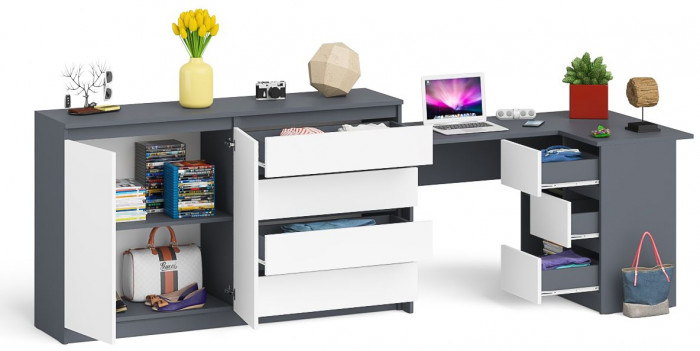 Мори компьютерный стол МС-16 правый + Комод МК1600.1, графит/белый