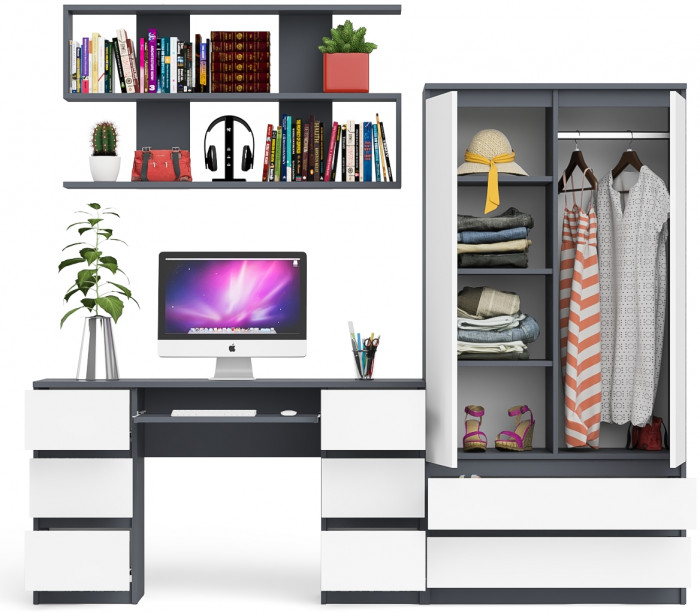 Мори компьютерный стол МС-2 + Шкаф МШ900.1 + Полка 1200, графит/белый