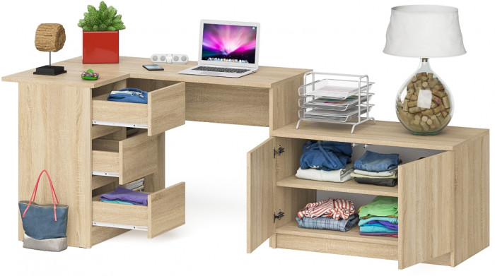 Мори Стол компьютерный МС-16 левый + Тумба МА900.1, цвет дуб сонома, ШхГхВ 214,8х84,9х76,6 см., выдвижные ящики слева, НЕ универсальная сборка