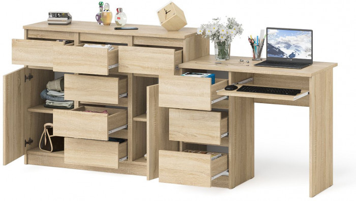 Мори Стол компьютерный МС-6 левый + Комод МК1200.4, цвет дуб сонома, ШхГхВ 210,4х50х94 см., выдвижные ящики слева, НЕ универсальная сборка