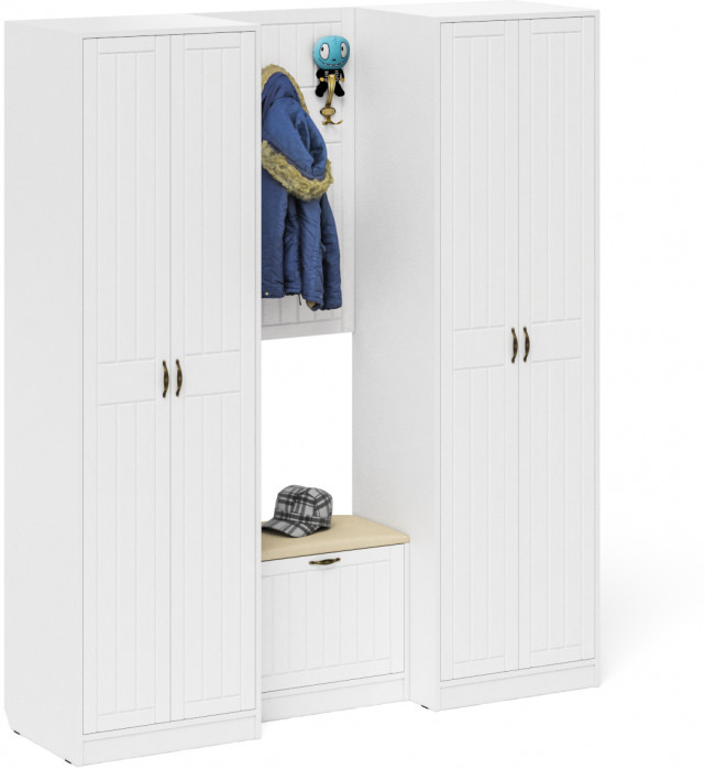 Прихожая П-6 Компоновка № 09, цвет белая шагрень/фасады МДФ белое дерево фрезеровка прованс, ШхГхВ 180х50х210 см., универсальная сборка