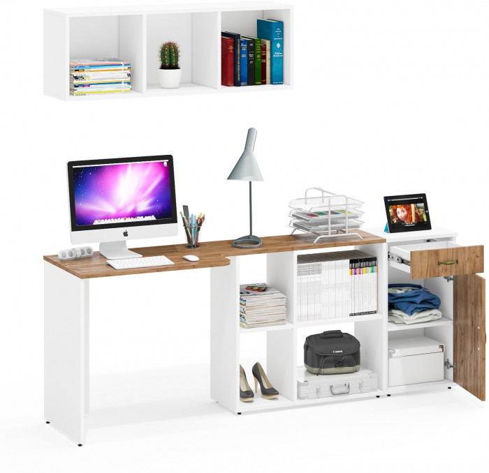 Лидер-8 Стол + Полка + Тумба МД 3.15, белый шагрень/крафт золото