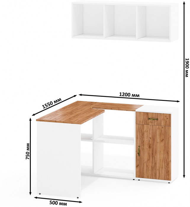 Лидер-8 Стол + Полка + Тумба МД 3.15, белый шагрень/крафт золото