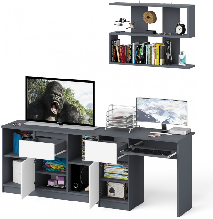 Мори компьютерный стол МС-1 левый + Тумба МТВ1204.1 + Полка 900, графит/белый
