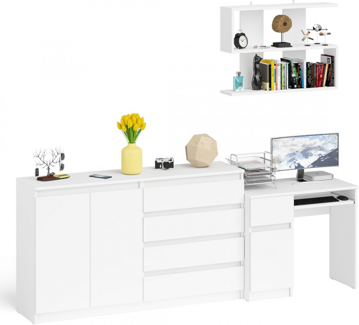 Мори Стол компьютерный МС-1 левый + Комод МК1600.1 + Полка 900, цвет белый, ШхГхВ 250,4х50х209,6 см., НЕ универсальная сборка