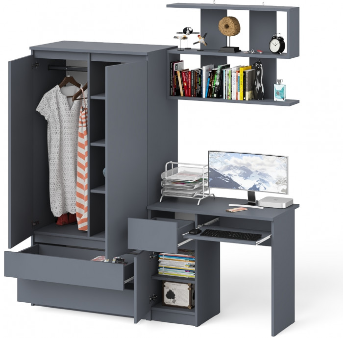 Мори Стол компьютерный МС-1 левый + Шкаф МШ900.1 + Полка 900, цвет графит, ШхГхВ 180,4х50,4х209,6 см., НЕ универсальная сборка