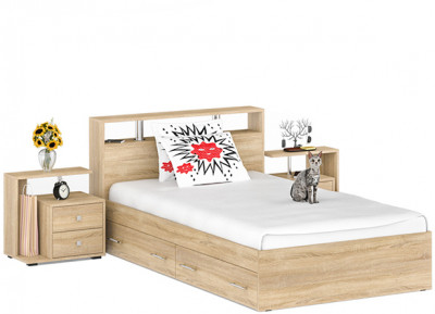Камелия Кровать с ящиками 1200 + две тумбы, дуб сонома