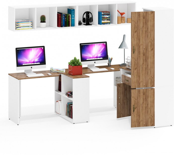 Лидер-8 Стол + Полка + Стол + Полка + Пенал МД 21Б + Тумба МД 3.15, белый шагрень/крафт золото