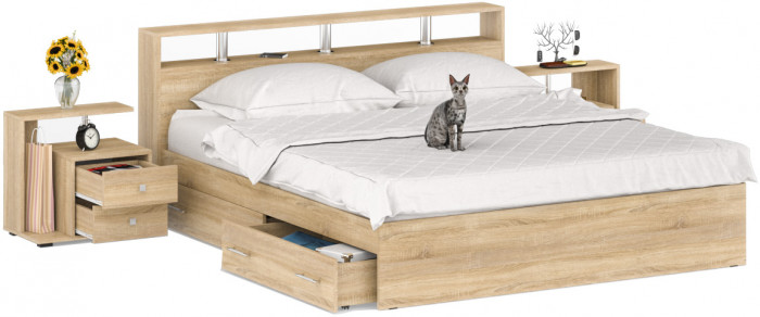 Камелия Кровать с ящиками 1800 + две тумбы, цвет дуб сонома, ШхГхВ 296х217х78,2 см., сп.м. 1800х2000 мм., без матраса, основание есть