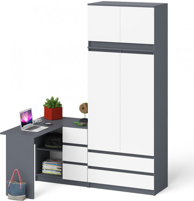 Мори компьютерный стол МС-16 правый + Шкаф МШ900.1 + Антресоль МА900.1, графит/белый