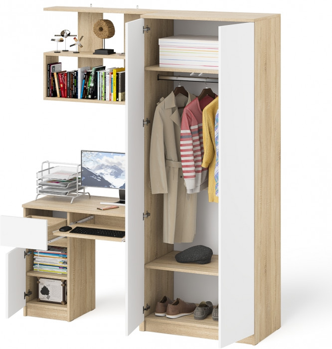 Мори Стол компьютерный МС-1 левый + Шкаф МШ800.1 + Полка 900, цвет дуб сонома/белый, ШхГхВ 170,4х50,4х209,6 см., НЕ универсальная сборка