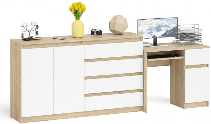 Мори Стол компьютерный МС-1 правый + Комод МК1600.1, цвет дуб сонома/белый, ШхГхВ 250,4х50х94 см., выдвижной ящик справа, НЕ универсальная сборка