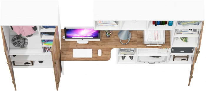 Лидер-8 Шкаф МД 20Б + Стол + Полка + Пенал, цвет белый шагрень/крафт золото, ШхГхВ 285х50/30х75/190 или 195х120х75/190 см., НЕ ун.сб.