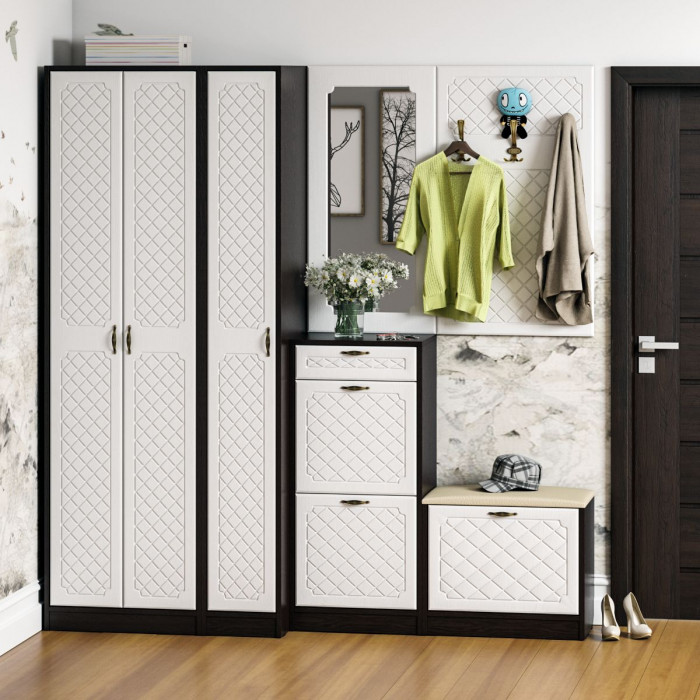 Прихожая П-6 Компоновка № 51, цвет венге/фасады МДФ белое дерево фрезеровка ромб, ШхГхВ 200х50х210 см., универсальная сборка