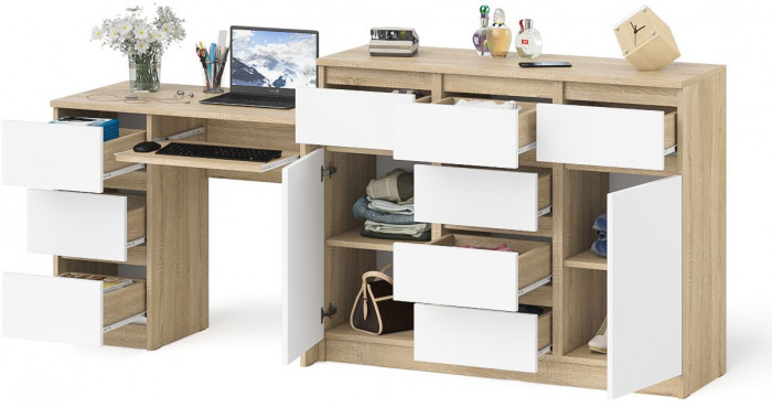Мори Стол компьютерный МС-6 левый + Комод МК1200.4, цвет дуб сонома/белый, ШхГхВ 210,4х50х94 см., выдвижные ящики слева, НЕ универсальная сборка
