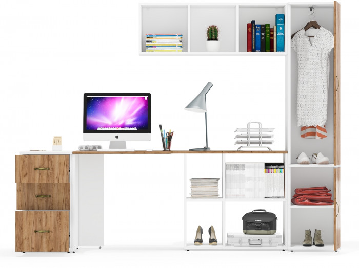 Лидер-8 Стол + Полка + Тумба МД 3.16 + Пенал МД 21Б, белый шагрень/крафт золото