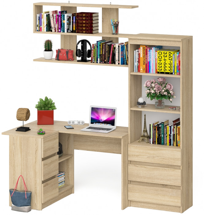 Мори компьютерный стол МС-16 левый + Стеллаж МСТ600.3 + Полка 1200, дуб сонома