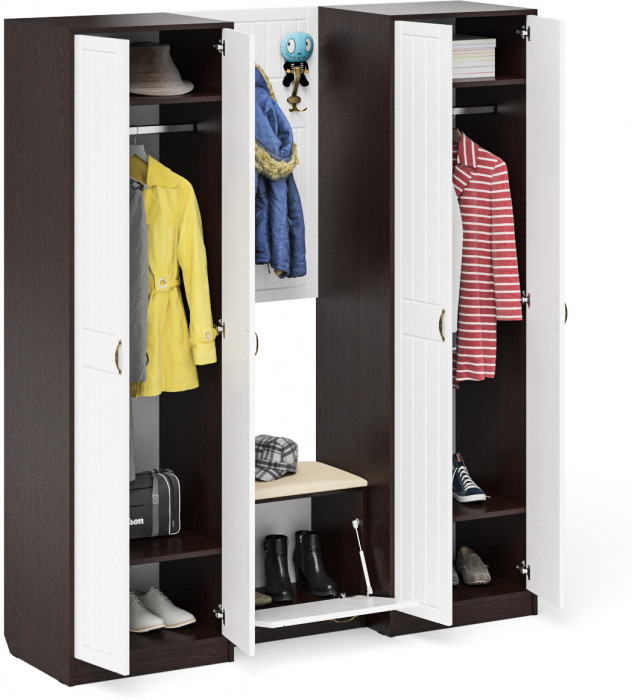 Прихожая П-6 Компоновка № 09, цвет венге/фасады МДФ белое дерево фрезеровка прованс, ШхГхВ 180х50х210 см., универсальная сборка