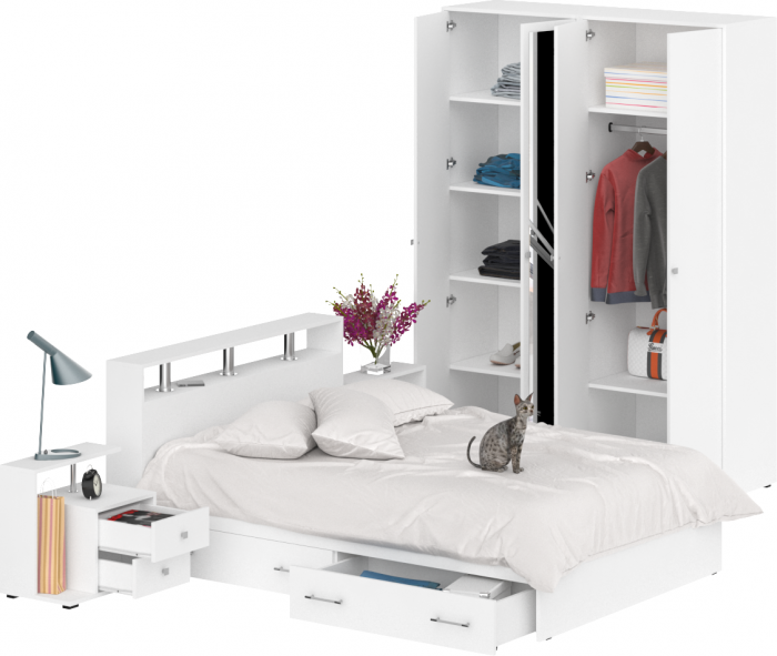 Камелия спальня № 8 Кровать с ящиками 1400 + Две тумбы + Шкаф 4-х створчатый, белый