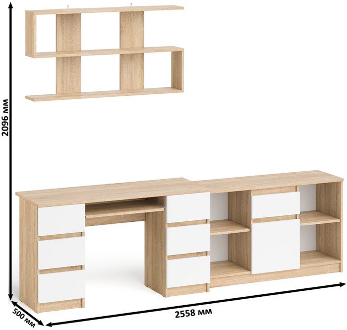 Мори компьютерный стол МС-2 + Тумба МТВ1204.1 + Полка 1200, дуб сонома/белый