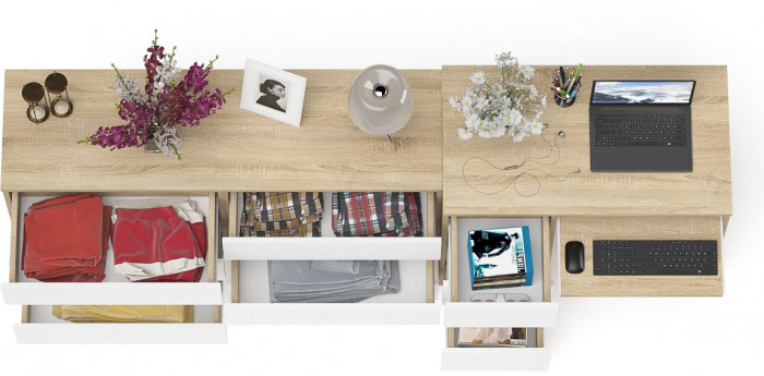 Мори компьютерный стол МС-6 левый + Комод МК1380.6, дуб сонома/белый