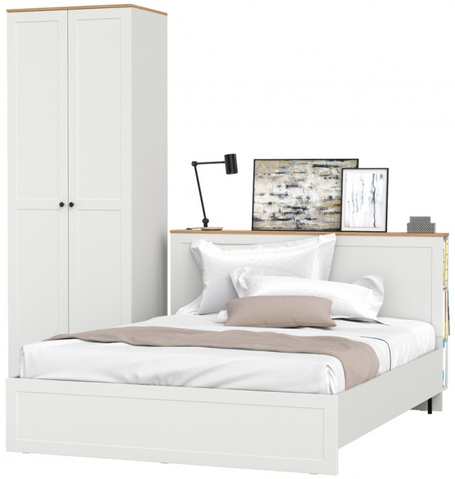 Остин 11.53 Кровать + ортопед + 13.224 Шкаф, белый шагрень/дуб крафт золотой