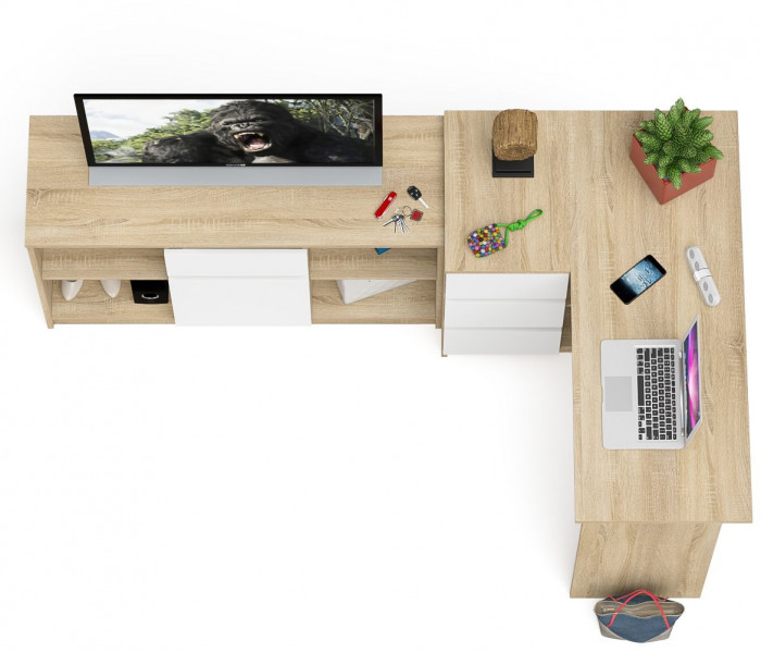 Мори компьютерный стол МС-16 левый + Тумба МТВ1204.1, дуб сонома/белый